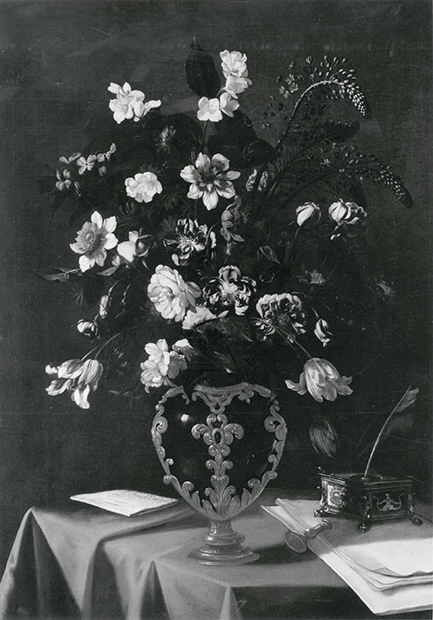 Helga Photo Studio — Recco Giacomo - sec. XVII - Natura morta con vaso di fiori su un tavolo con calamaio — insieme